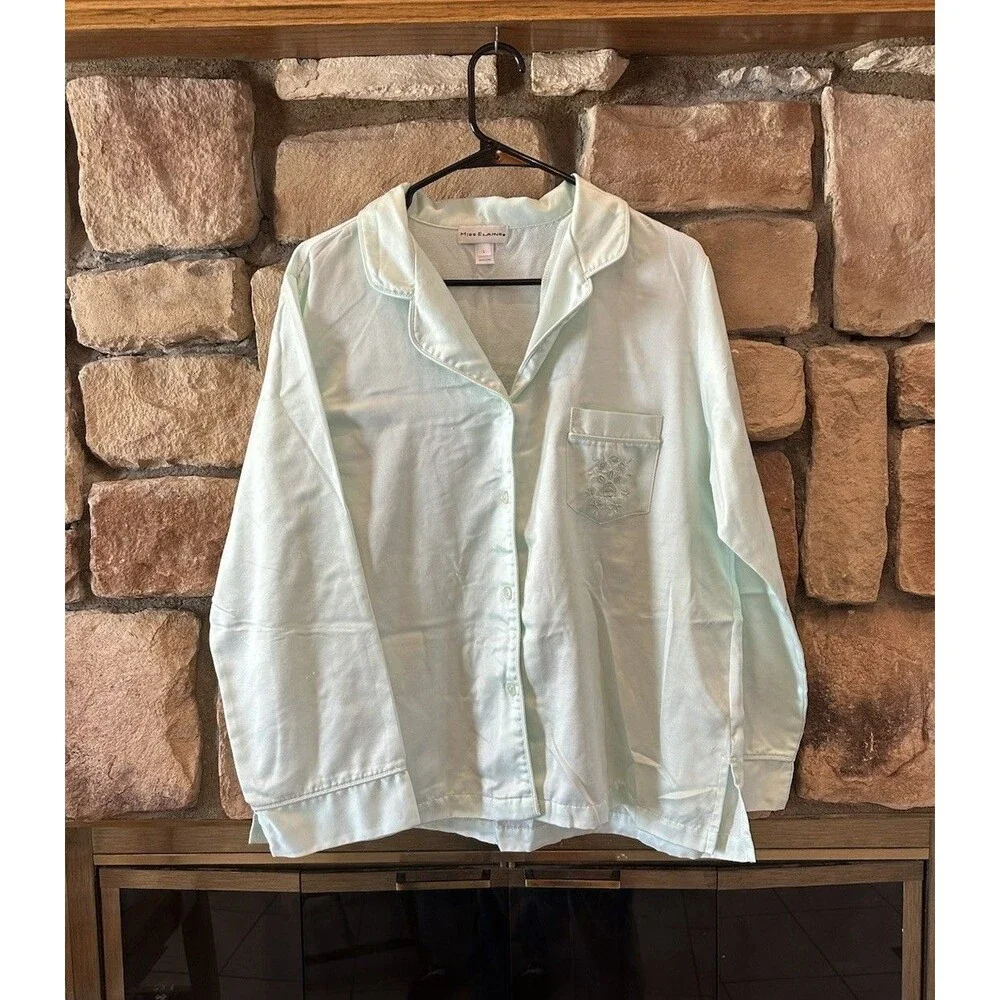 VTG Miss Elaine Satin Pajamas Long Sleeve Set Pants Top L Mint Pastel Green 2Pc